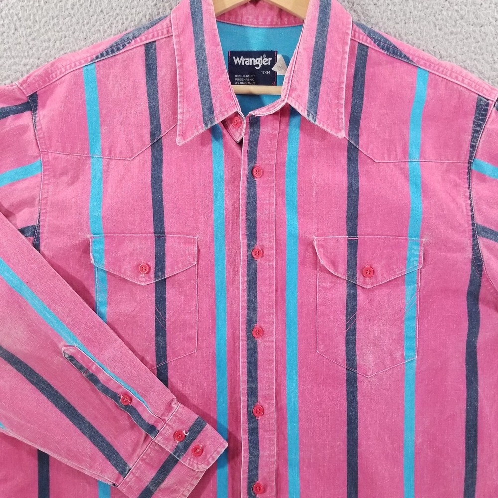 VTG Wrangler Brushpopper Shirt Mens 17 XL Pink Striped Western Rodeo Cowboy Blue